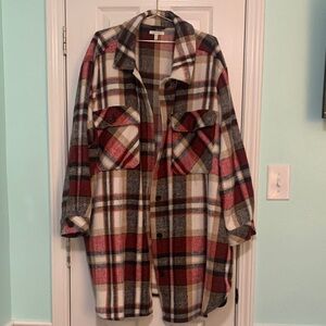 Maurices Red, Black, and White plaid Long Button Down Jacket Size 2X